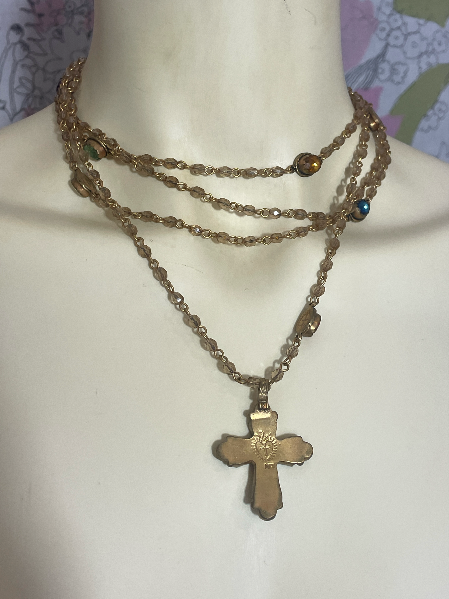 1990s Tiered Cross Crucifix Mary Magdalena Necklace