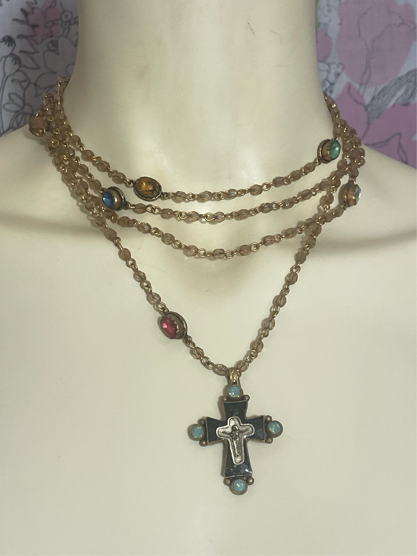 1990s Tiered Cross Crucifix Mary Magdalena Necklace