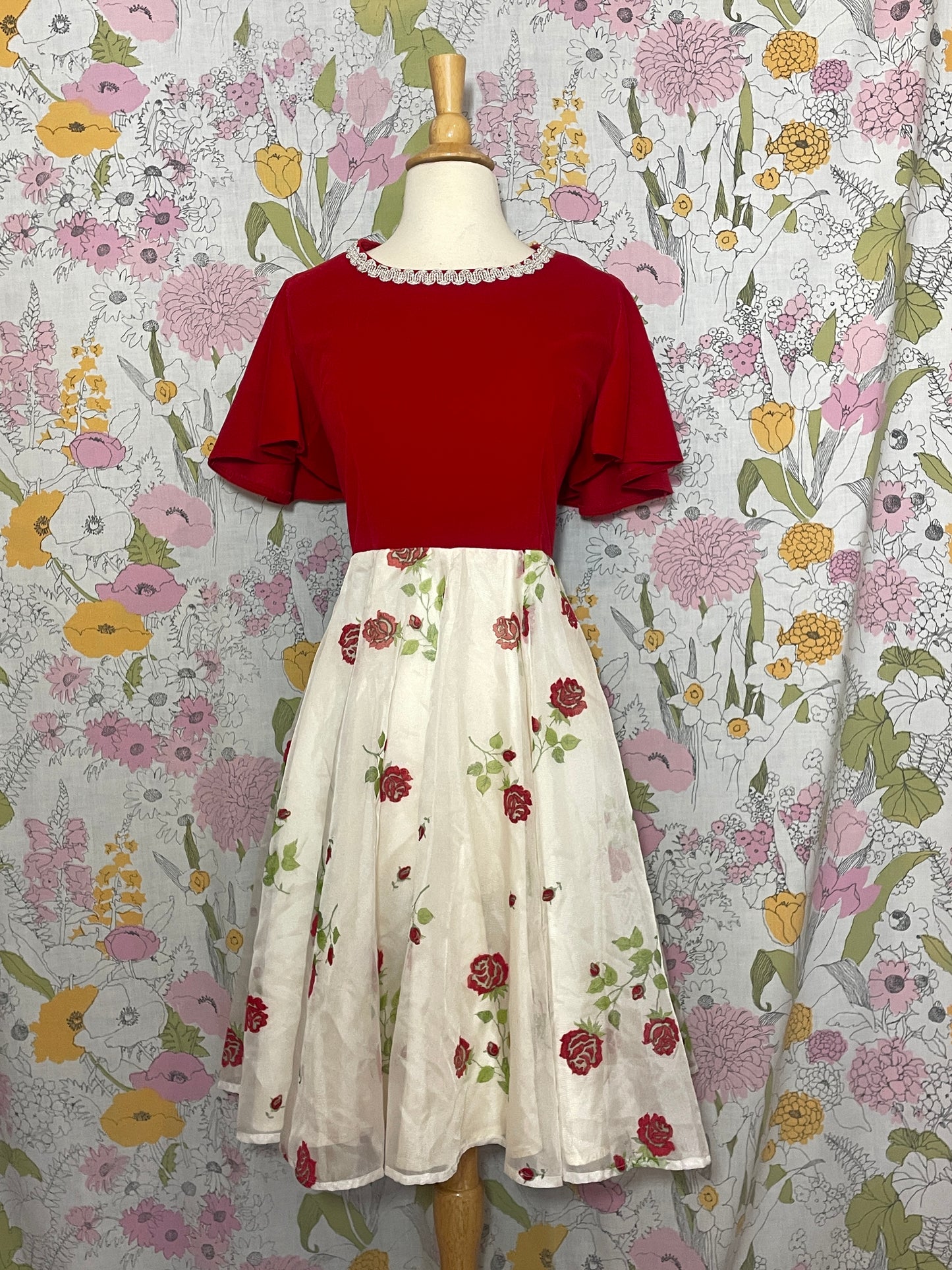 1960s Red Velvet Rose Dress