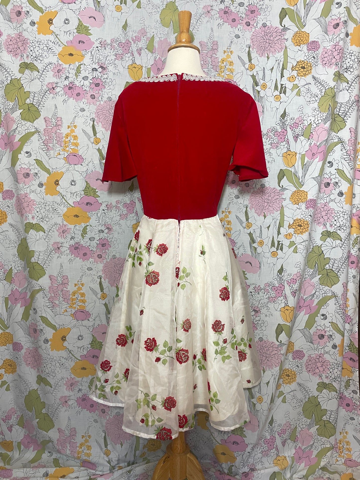 1960s Red Velvet Rose Dress