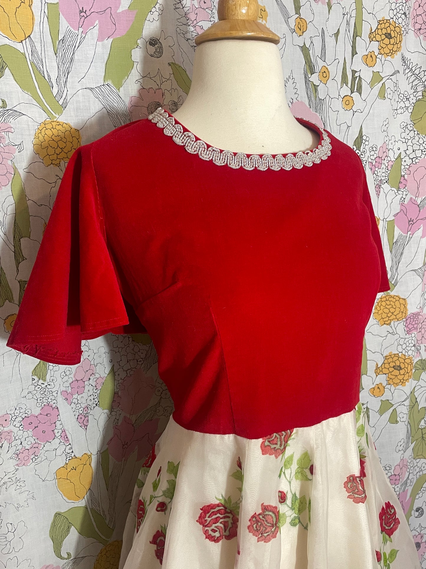 1960s Red Velvet Rose Dress