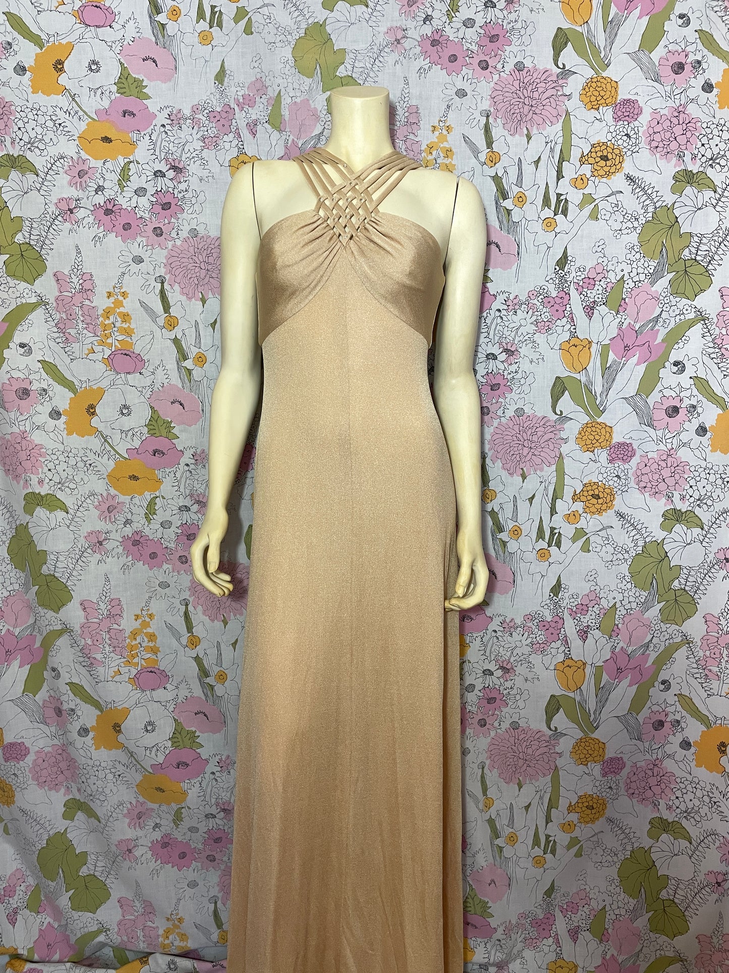 1970s Golden Goddess Maxi Dress